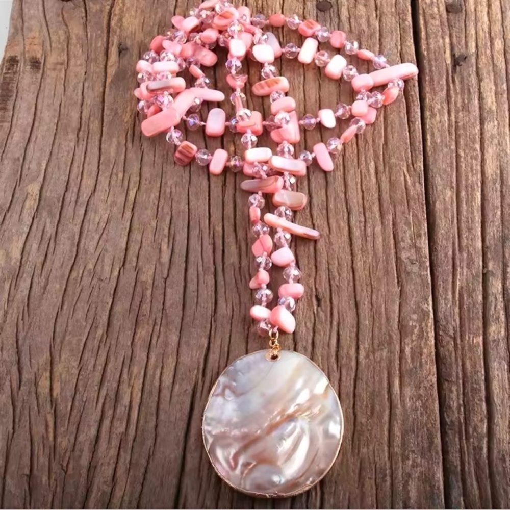 Mother Of Pearl Seashell Pink Long Necklace
